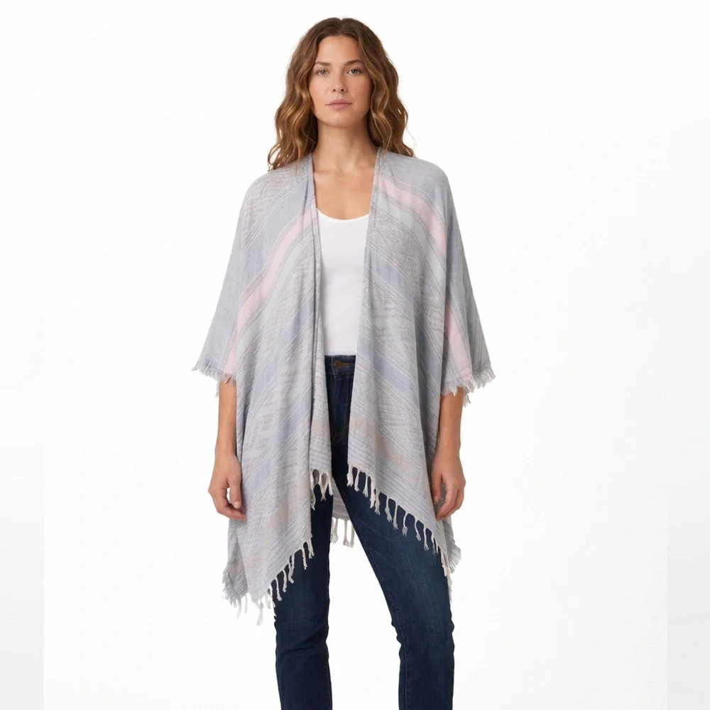 Anthropologie Shawl Wrap‎ Women’s OS Blue Boho Kimono Open Front Fringe